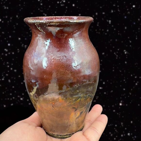 Vintage Raku Studio Art Pottery Vase Iridescent Glaze Hand Made Vessel Signed 5” - Picture 9 of 16